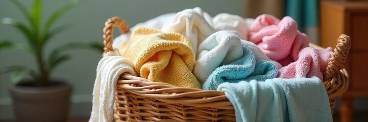 Overfull woven laundry basket overflowing with crumpled clothes and towels, ready for washing A scene of domestic life and household chores , rustic, tidying, clean
