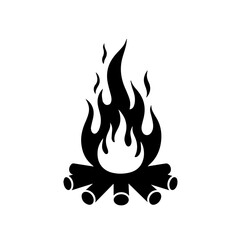 A stylized black silhouette of a campfire with flames rising from stacked logs.