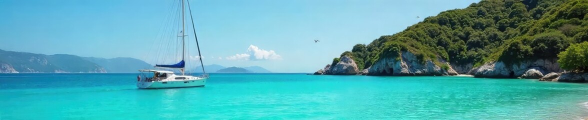 Fototapeta premium Serene anchored sailboat gently rocking in calm turquoise water, surrounded by idyllic scenery Perfect for travel, vacation, or nautical themes , marine, escape, water