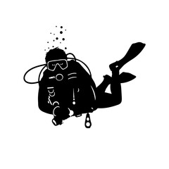 Silhouette of a scuba diver exploring underwater, bubbles rising.