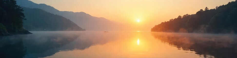 Fototapeta premium Serene bay at sunrise, mist clinging to the water, reflecting golden light on calm surface Perfect for travel, nature, and serenity themed projects , landscape, getaway, holiday