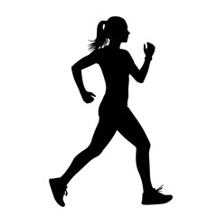 Silhouette of a woman running, depicted in a side profile view against a white background.
