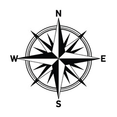 Black and white compass rose silhouette isolated on white background