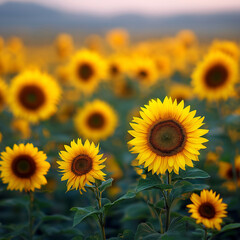 Close-up view of a pretty sunflower field