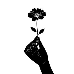 A hand holds a flower, presented in black and white, with a simple, elegant design.