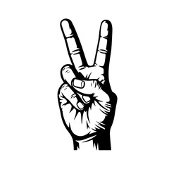A black and white illustration of a hand making a peace sign gesture.