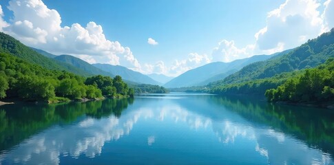 Fototapeta premium Serene landscape featuring a tranquil lake nestled amongst rolling hills and lush green forests under a clear blue sky Perfect for travel, nature, and environmental projects , nature, water, serene