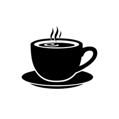 A steaming cup of coffee rests on a saucer, a simple black and white illustration.
