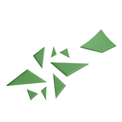  Green shattered shards in geometric form, 3D rendered. Ideal for abstract visuals, broken material design, or safety concepts.