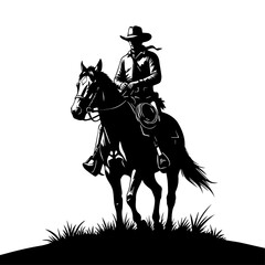 Silhouette of a cowboy riding a horse, holding a lasso, on a grassy hill against a white background.