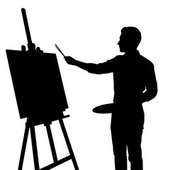 Silhouette of a male artist painting on a canvas with a brush and palette, standing beside an easel.