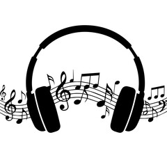 Headphones and musical notes flowing together, symbolizing music listening experience.
