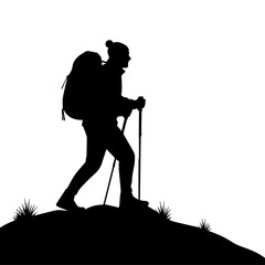 Silhouette of a hiker with a backpack and trekking poles walking uphill.