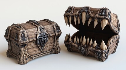 Pair of Wooden Chest with Ferocious Teeth and Traditional
