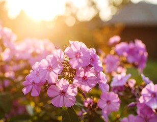 Close-up of vibrant pink phlox flowers bathed in golden sunlight.  Blurred background suggests a tranquil garden setting at sunset