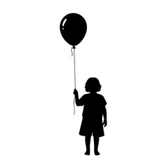 Silhouette of a young child holding a balloon, isolated on a white background.