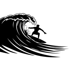Silhouette of a surfer riding a large, curling ocean wave.