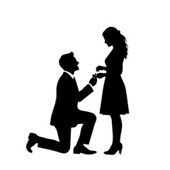 A man kneeling in proposal to a woman, silhouette illustration.