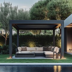 A luxurious outdoor patio area with a simple and modern Tokyo backdrop