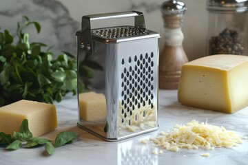 Stainless Steel Square Grater with Parmesan Cheese and Fresh Basil