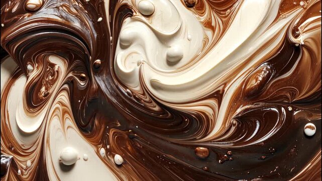 Smooth swirl of brown and white liquid creating a creamy abstract background in slow motion. 