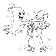 Ghost pulling witch hat in black and white outline drawing