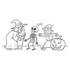 Halloween coloring page with witch skeleton and scarecrow