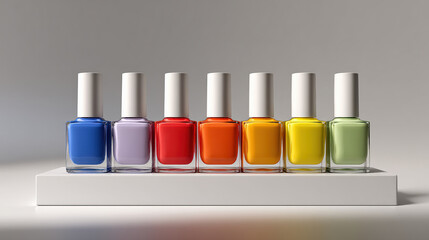 Vibrant collection of nail polish bottles arranged row, showcasing spectrum of colors including blue, purple, red, orange, yellow, and green. minimalist display highlights elegance of each bottle