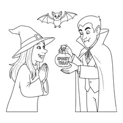 Witch vampire and bat in halloween coloring page outline