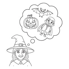 Witch dreaming of halloween symbols coloring page outline