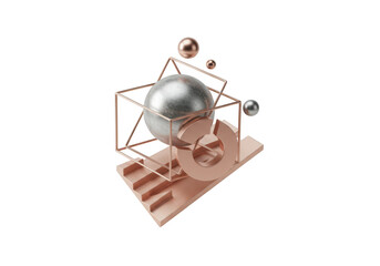 An abstract 3d composition of geometric shapes including a sphere, cube, ring, and triangles in copper and silver, isolated on white isolated on transparent background
