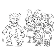 Naklejka premium Cartoon zombie approaching group of children in costumes