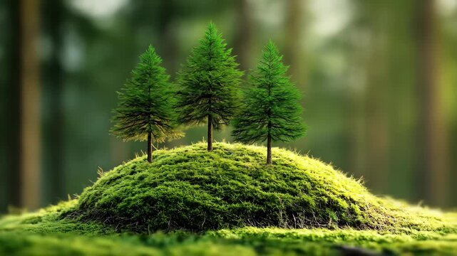 Mossy mound topped by three small pine trees in forest