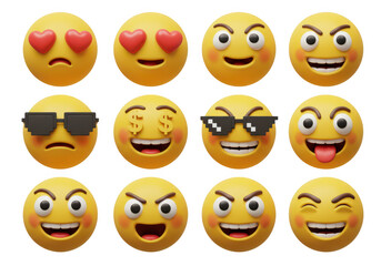 A collection of twelve diverse emoji faces displaying a range of emotions and expressions, from love to money isolated on transparent background