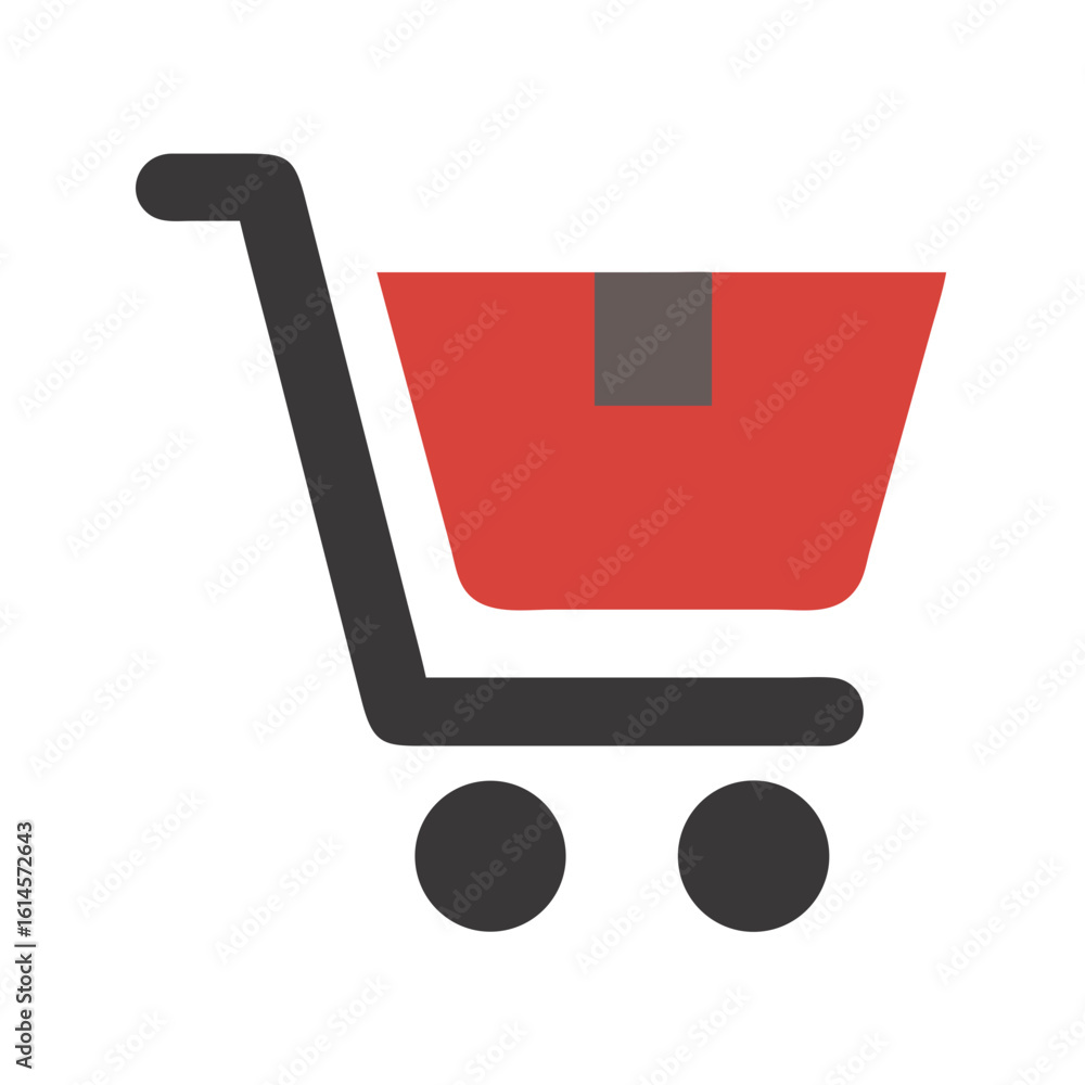 Poster vector art of a simple graphic illustration of a red shopping cart filled with a package symbolizing