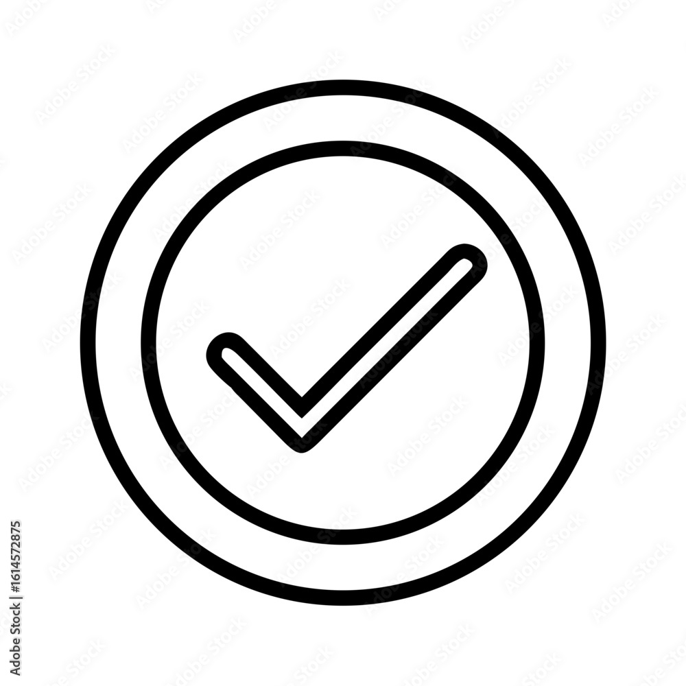 Poster vector art of a simple black and white outline icon of a check mark inside a circular border symboli