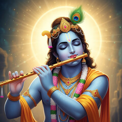Divine Radiance: Close-Up of Lord Krishna Playing Flute