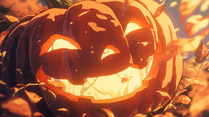 Halloween jack-o'-lanterns, anime style, The inside is glowing