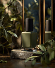 Realistic green nail polish bottle is elegantly displayed on stone pedestal, surrounded by lush foliage and reflecting in mirror. luxurious setting evokes sense of minimalism and sophistication