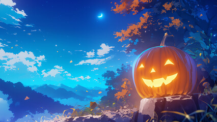 Halloween jack-o'-lanterns, anime style, nighttime mountains, copy space