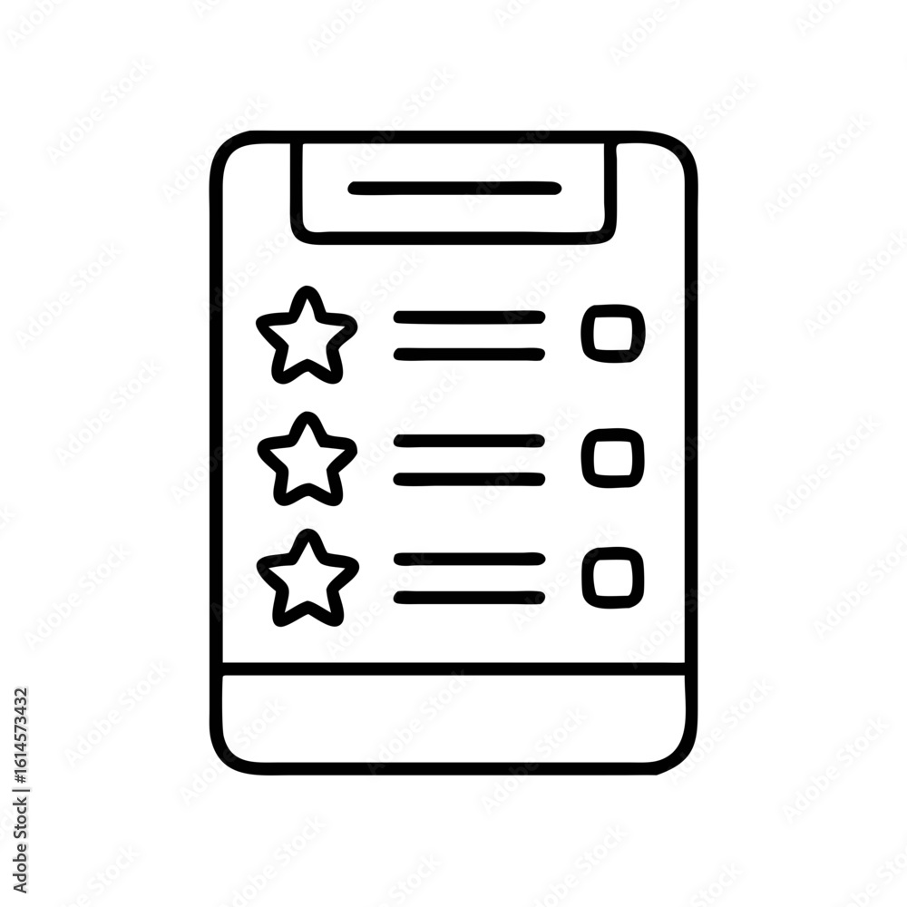 Poster vector art of a simple black and white line art icon of a clipboard with a checklist and stars repre