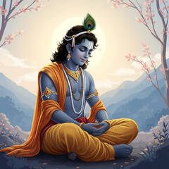 Lord Krishna Meditating in Serene Landscape - Divine Peace