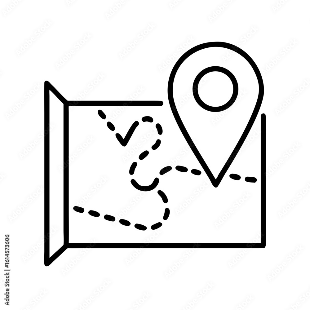 Poster vector art of a black and white outline icon representing a map with a dotted path leading to a loca
