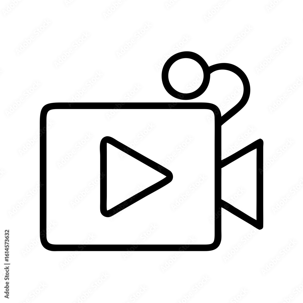 Poster vector art of a simple black and white outline icon representing a video camera with a play button a