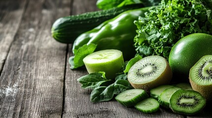 Fresh green vegetables and fruits arranged on wooden table with copy space, representing healthy eating and liver care concept for wellness lifestyle.
