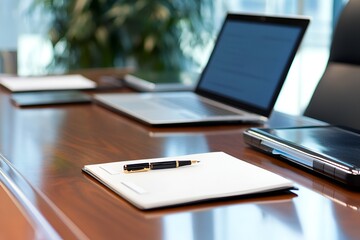 Professional office desk setup with laptop, pen, and notebook for work