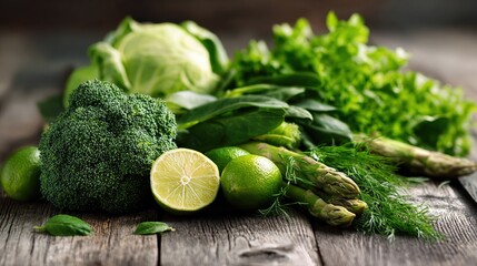Fresh green vegetables and fruits arranged on wooden table with copy space, representing healthy eating and liver care concept for wellness lifestyle.
