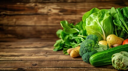 Fresh green vegetables and fruits arranged on wooden table with copy space, representing healthy eating and liver care concept for wellness lifestyle.
