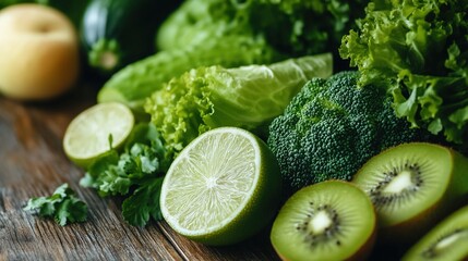 Fresh green vegetables and fruits arranged on wooden table with copy space, representing healthy eating and liver care concept for wellness lifestyle.
