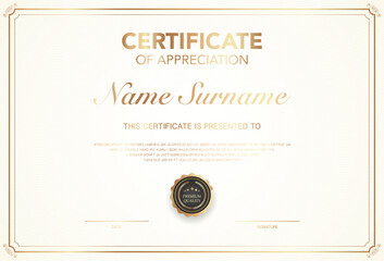 Elegant certificate of appreciation template with classic gold border, premium quality badge, customizable name, date, and signature section. Ideal for awards, recognition, or achievement.